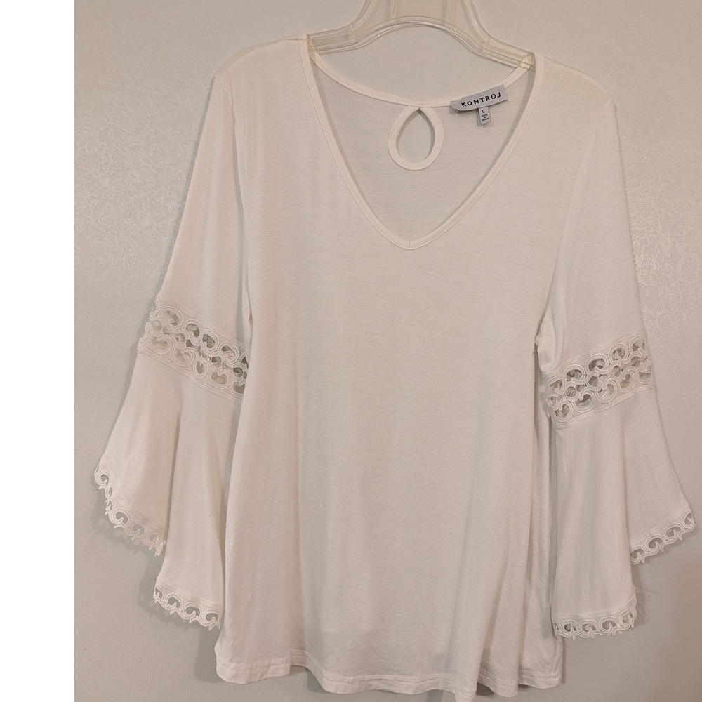 KONTROL Women White Bell Sleeve Crochet Lace V-Neck Keyhole Back Top Large T9879